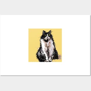 Tuxedo Cat Cute Drawing - on Yellow Posters and Art